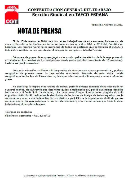nota de prensa CGT Iveco Valladolid